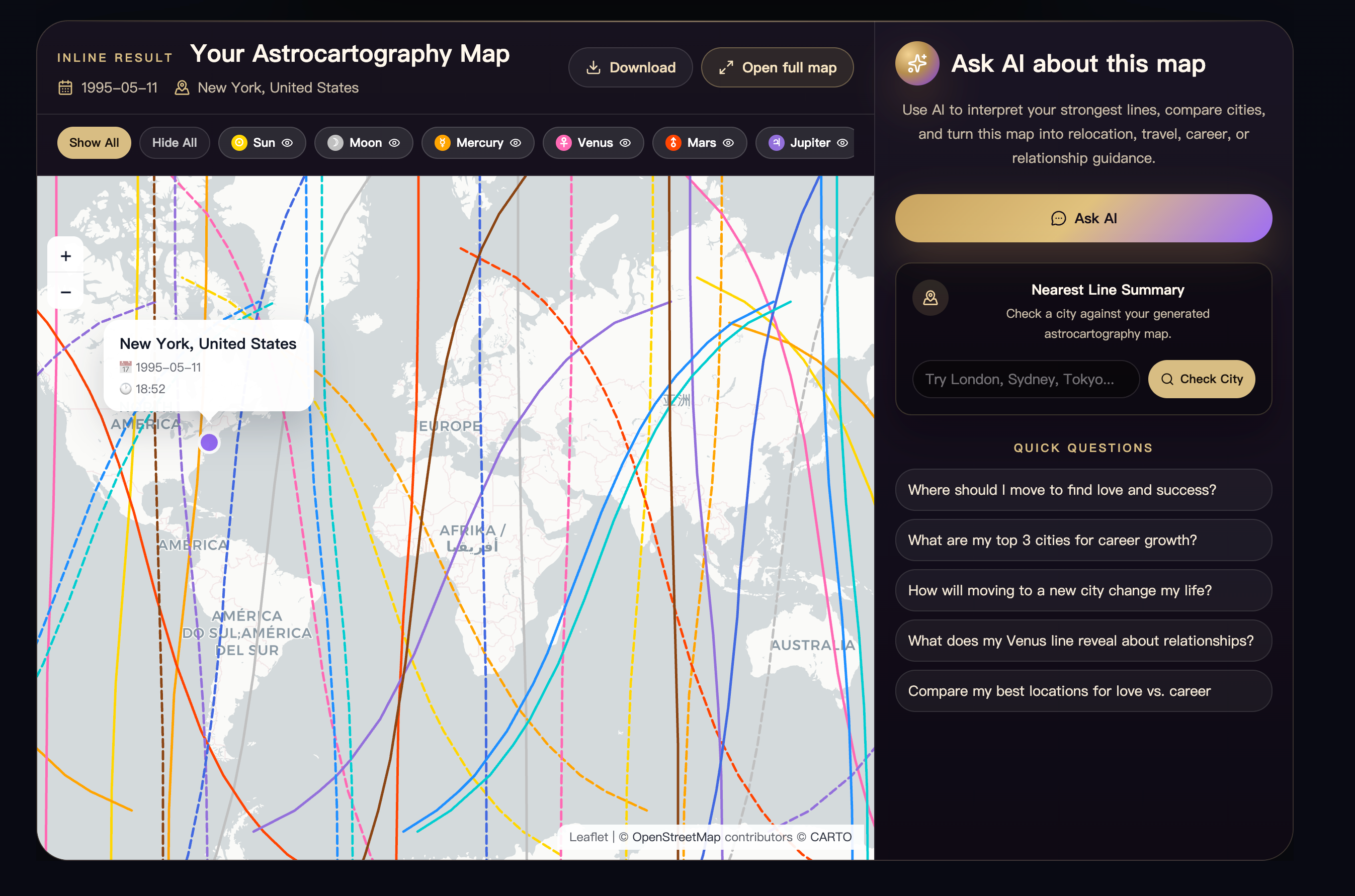 Generated astrocartography map with planetary lines